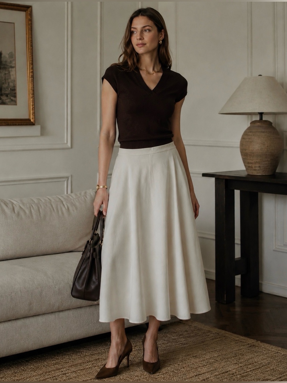 Vtg Quiet Luxury Giorgio Sant Angelo Ivory Linen Blend Midi A-line Skirt Size 16